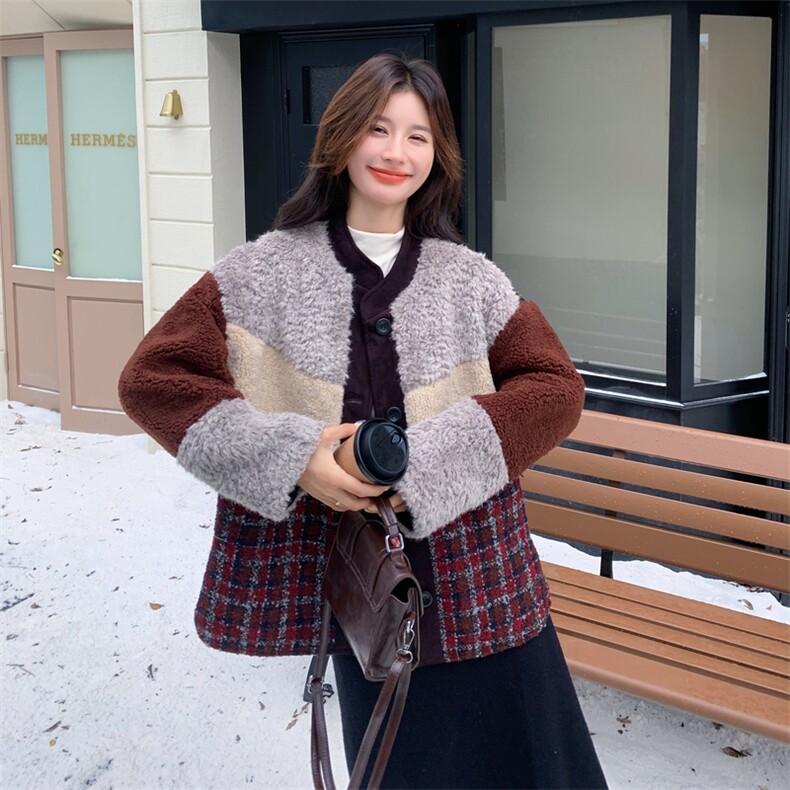 拼接撞色复古松弛感羊羔毛羽绒服女冬季2025年新款白鸭绒内胆外套,女装羽绒服,2B188