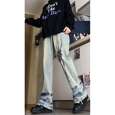 手绘涂鸦复古泥染做旧破洞直筒裤美式废土街头潮牛仔裤G351p50，男装牛仔裤，电商D256