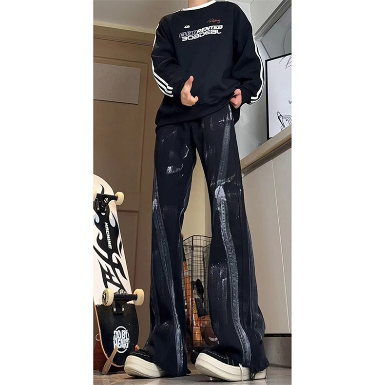 美式eodup高街hiphop小从涂鸦脏脏毛边喇叭牛仔裤货号K2409P65,男装牛仔裤,电商A063
