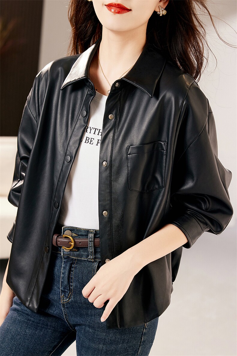 时尚百搭黑色皮衣外套女秋冬季新款宽松显瘦长袖短款机车服上衣,女装皮衣,笃写