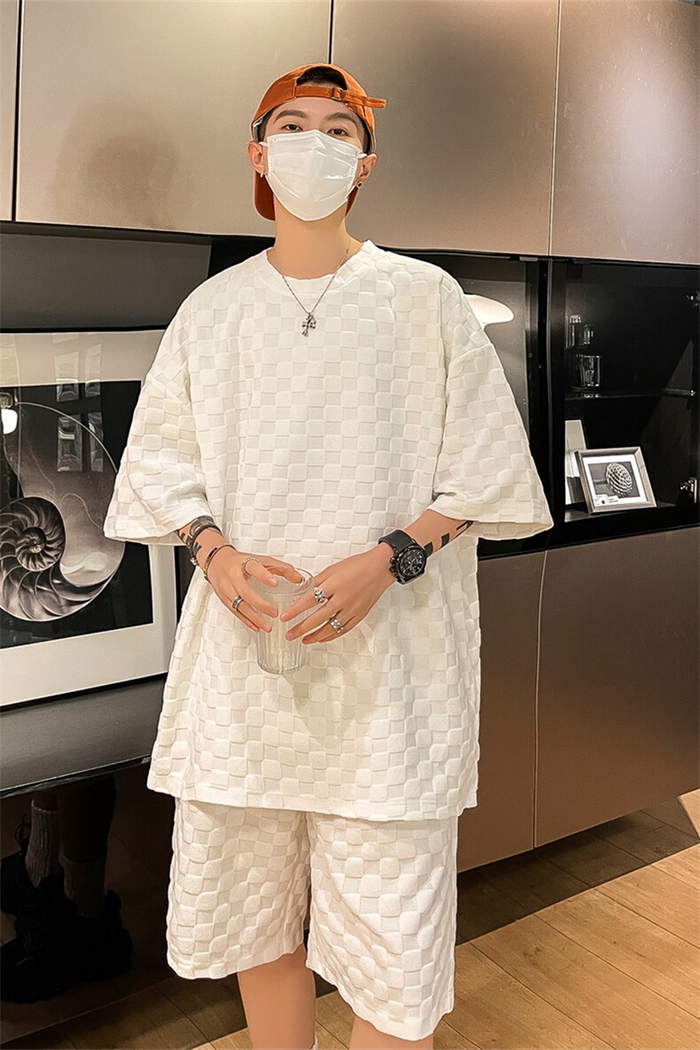 TZ84647/P60夏季新款格子短袖短裤t恤休闲宽松大码两件套套装男,男装休闲套装,电商A141