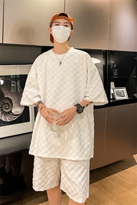 TZ84647/P60夏季新款格子短袖短裤t恤休闲宽松大码两件套套装男图片