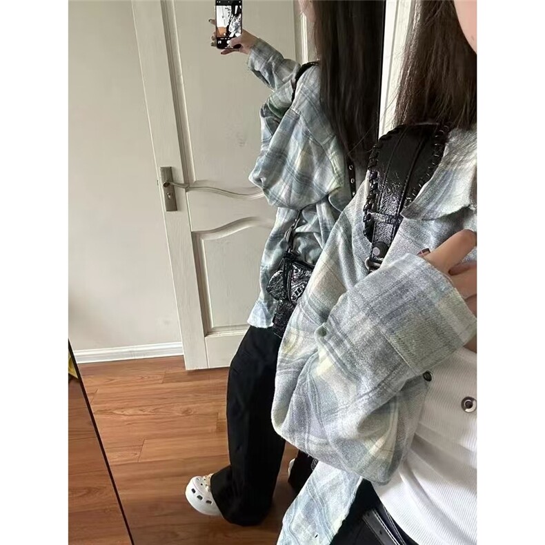 韩版春秋新款百搭格子衬衫女设计感小众宽松中长款休闲外套上衣女,男装衬衫,星座506A
