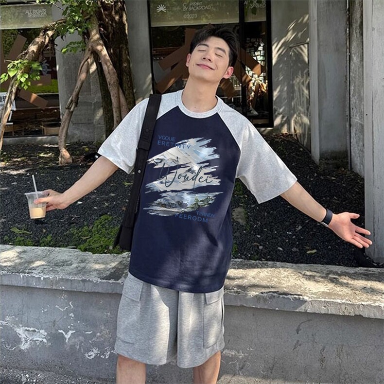 抖音得物高品质二开240克宽松纯棉美式潮牌插肩袖拼接短袖T恤,男装T恤,电商A486-1