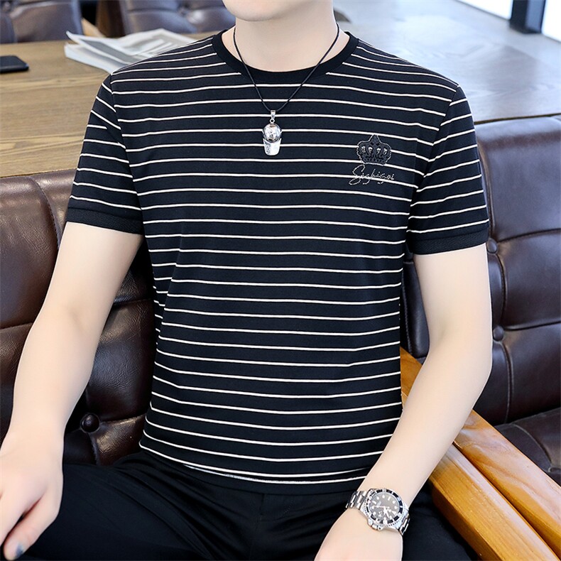 纯棉男士短袖T恤夏季新款潮牌潮流半袖打底衫条纹体恤衣服短袖T恤,男装T恤,电商B212（原钱塘6029）