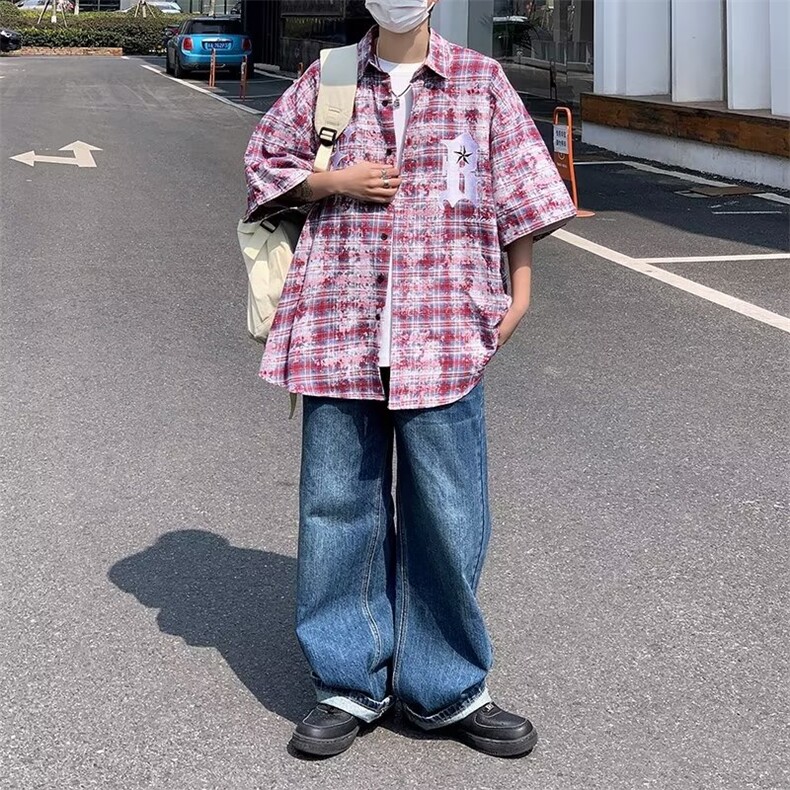 美式复古高街刺绣短袖格子衬衫男夏季宽松情侣潮牌衬衣CS372-P40,男装T恤,星座1008-1