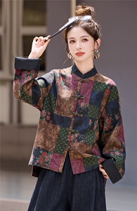 现货新中式盘扣短外套女2025秋季新款复古印花高级感气质减龄上衣图片