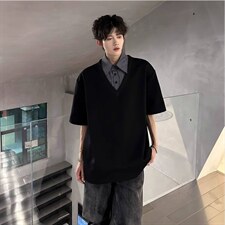 夏季拼接假两件短袖POLO衫男女潮牌宽松情侣休闲百搭T恤，男装T恤，星座715-4