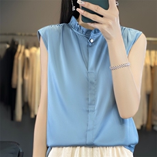 2025年秋季时尚百搭休闲简约百搭通勤缎面无袖木耳边，女装T恤，朝贺羊绒