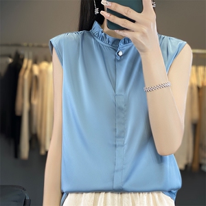 2025年秋季时尚百搭休闲简约百搭通勤缎面无袖木耳边图片