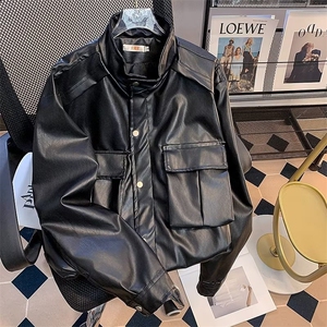 得物品质秋款男立领皮衣夹克工装大口袋单排扣休闲外套JK0204 P80图片