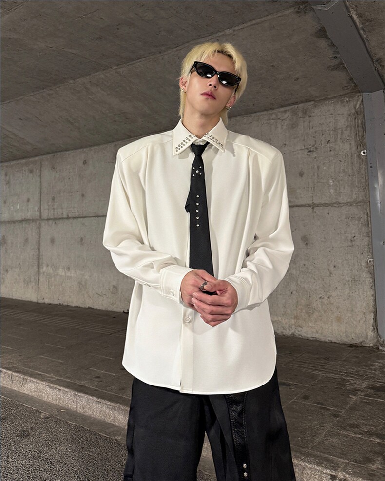 现货25秋冬男士设计感铆钉垫肩衬衫CS218-P78配领带,男装衬衫,电商B288