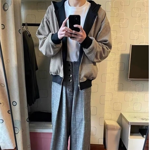 复古美式高街外套男女情侣秋冬款宽松慵懒风千鸟格夹克棒球服上衣图片