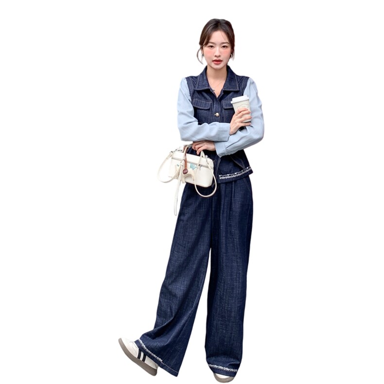 【新款，现货】26春牛仔衬衣马甲拼接假两件套2C215-P205-K328,女装套装/套裙,2C215