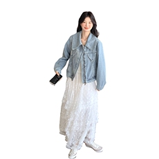 复古牛仔蓝翻领短款牛仔上衣+白色蕾丝半裙2025新L509P230K299，女装短外套，2C220