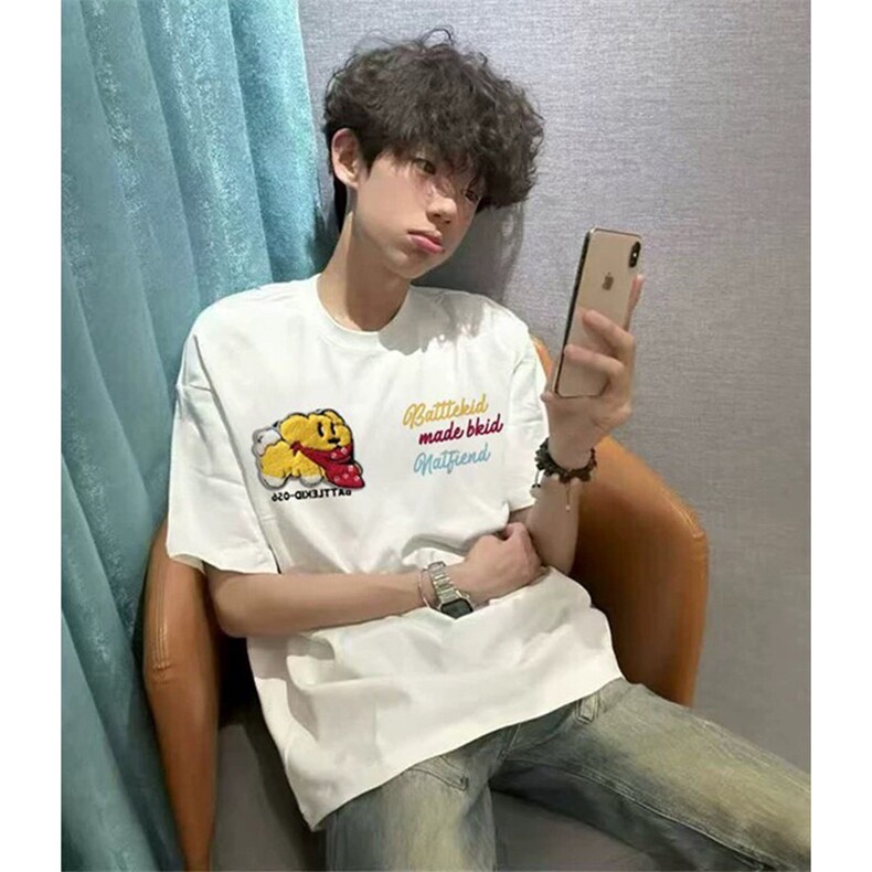 万针全刺绣工艺抖音得物高品质260克重磅纯棉双纱美式高街短袖T恤,男装T恤,电商A486-1
