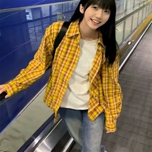 1506/QC030/P35格子长袖衬衫日系港风ins宽松潮流百搭休闲外套图片