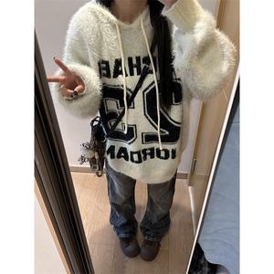 秋季美式复古字母提花设计感连帽毛衣男宽松百搭针织衫 MY360图片