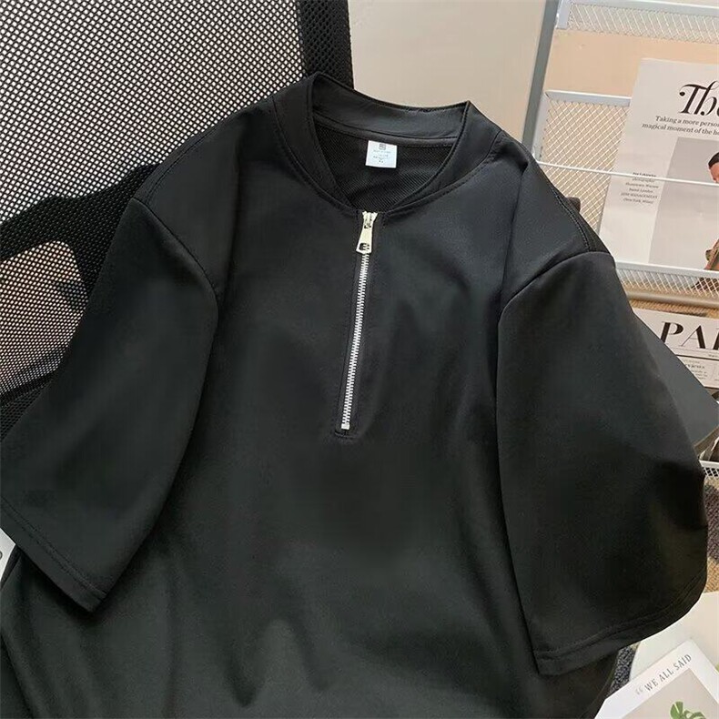美式ins复古垫肩短袖t恤男夏季潮牌痞帅宽松百搭半拉链五分袖体恤图片