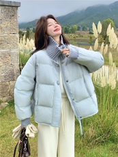 超好看蓝色针织拼接立领短款羽绒服女2025冬韩系甜美90白鸭绒外套，女装羽绒服，慧尚依恋