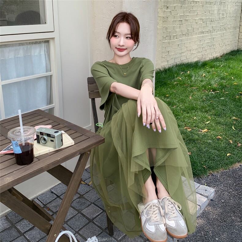 挂脖式纯色短袖圆领拼接连衣裙无袖T恤裙X型裙夏季气质长裙大码,女装连衣裙,2C167