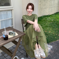 挂脖式纯色短袖圆领拼接连衣裙无袖T恤裙X型裙夏季气质长裙大码，女装连衣裙，2C167