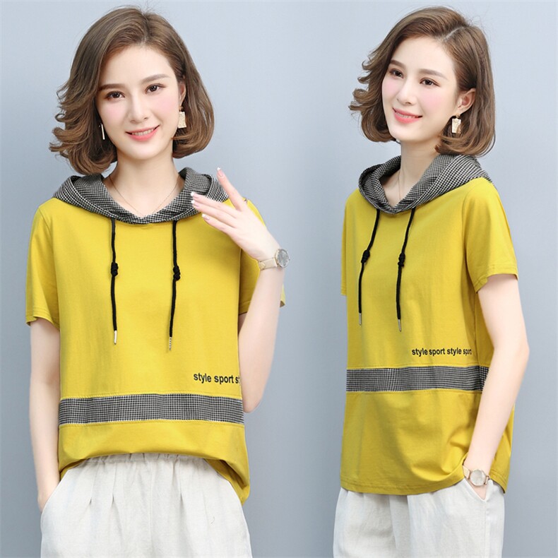 中年妈妈棉麻格子女夏2025新款时尚休闲遮肚子显瘦洋气，女装T恤，璐依舞