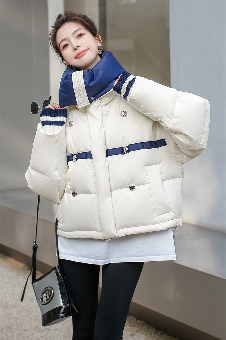 2024年冬季设计感拼色加厚90白鸭绒气质百搭羽绒服,女装羽绒服,韩蜜菓