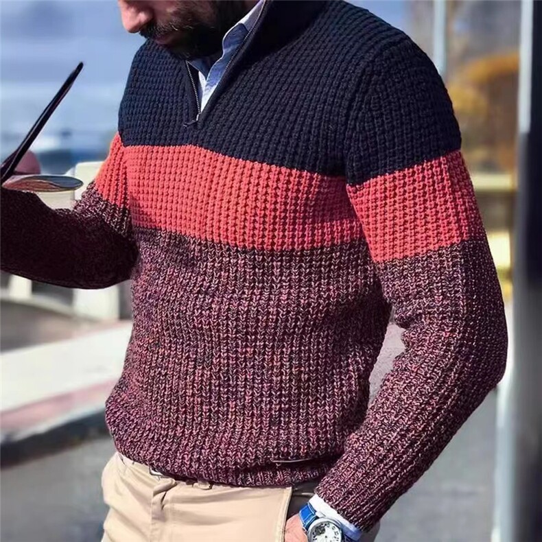 外贸欧美跨境秋冬新款外贸欧美男士翻领毛衣针织衫拼色休闲打底衫，男装T恤，星座1109