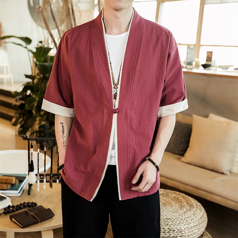 风外套五分袖男唐装盘扣开衫道袍和服宽松夹克茶服M125P30，男装T恤，钱塘788(原4013)
