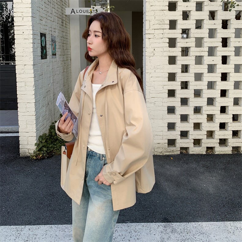 卡其色休闲风衣外套女2025年秋季新款韩版宽松显瘦小个子翻领大衣,女装风衣,2D013