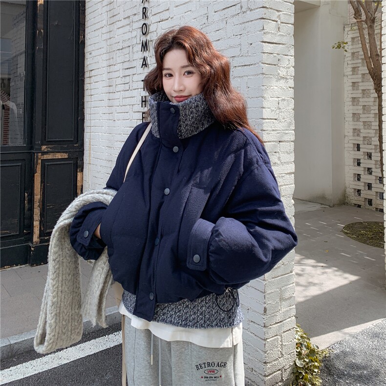 藏青色针织拼接短款羽绒服女2025冬新款设计感小个子90白鸭绒外套,女装羽绒服,辉之琳