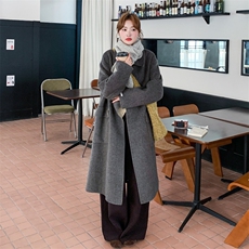 灰色慵懒风翻领双面羊绒大衣女2025冬新款高级感宽松气质毛呢外套，女装毛呢外套，2B187
