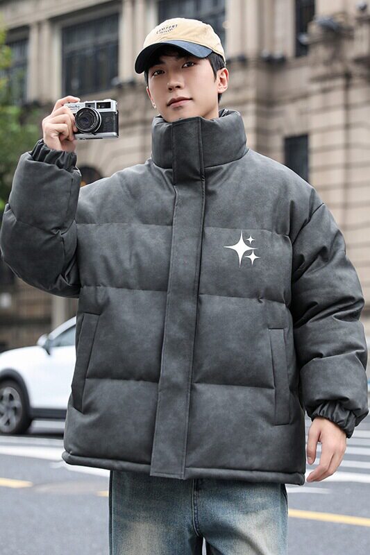 港风冬季新款棉衣男印花宽松PU皮立领面包服大码外套男MY625-P128,男装棉衣,星座505-3