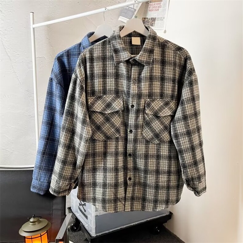高级感格子衬衫男长袖痞帅vintage潮牌工装衬衣宽松休闲外套春秋,男装衬衫,星座601-2