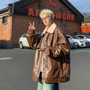 秋冬潮牌情侣毛绒翻领皮衣棉服美式街头宽松外套A170-M880-TP38图片