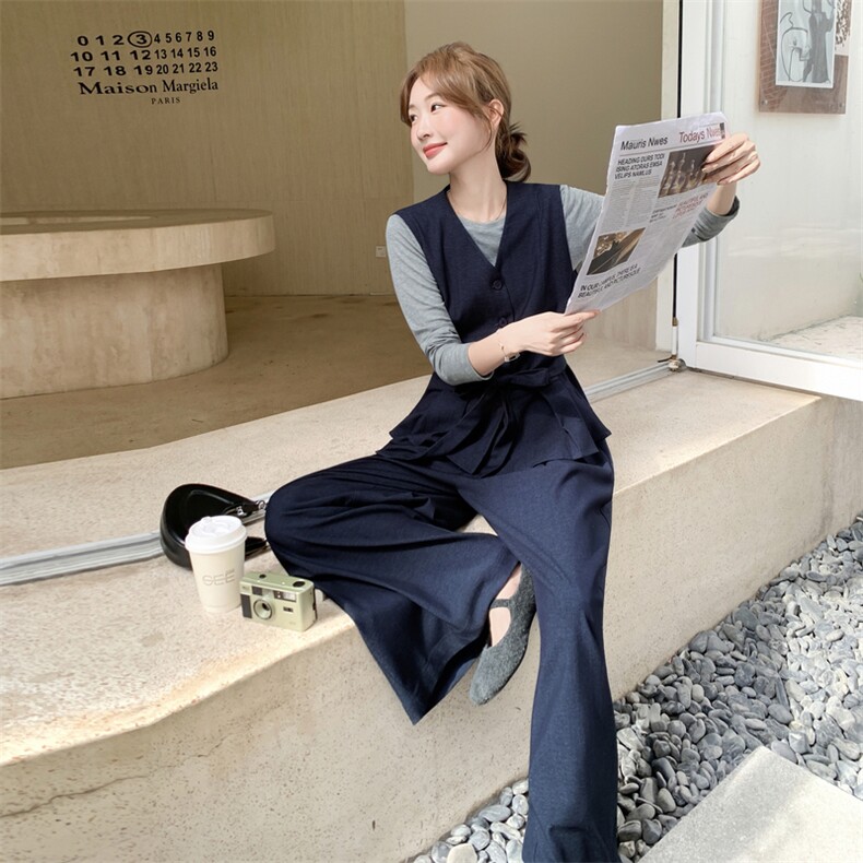 藏青色老钱风收腰马甲套装女2025秋季一整套穿搭T恤阔腿裤三件套,女装套装/套裙,2C203