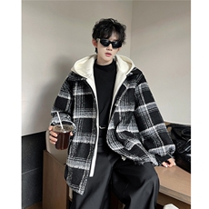 假两件连帽格子毛呢外套男秋冬加厚宽松时尚夹克上衣M896-P135，男装棉衣，电商A170