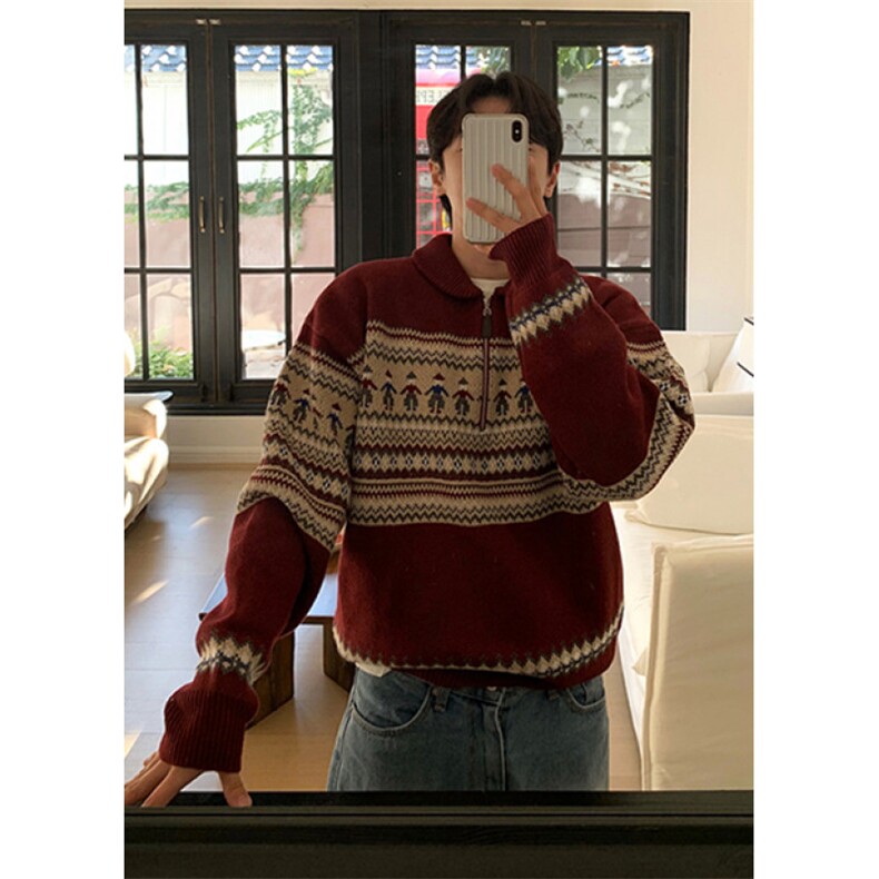 复古费尔岛提花拉链POLO领毛衣新年圣诞红翻领针织衫M2354,男装针织衫/毛衣,星座1116A（原606A-3）