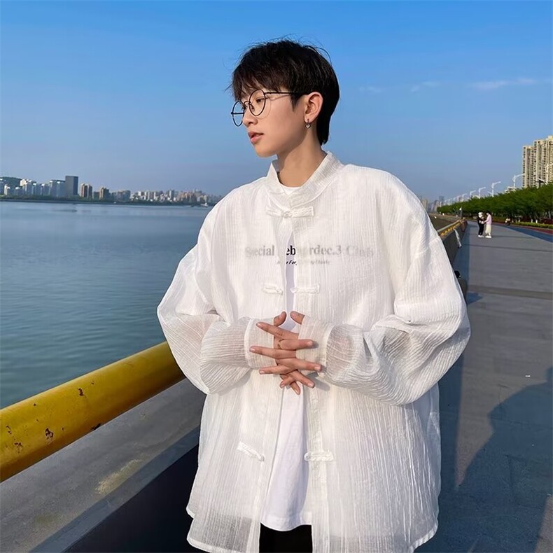 新中式立领提花衬衫男长袖风唐装外套新款潮流宽松盘扣衬衣图片