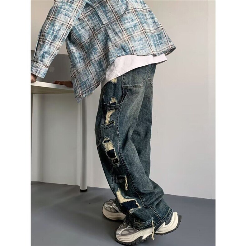 美式高街破洞牛仔裤男士韩版潮流百搭2025春季ins长裤RK2317-P53,男装牛仔裤,星座412-3