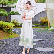 芷墨夏季新款复古新中式清冷优雅套装日常通勤显瘦上衣半身裙套装，商品下架区，芷墨服饰