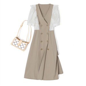 2022年夏季时尚百搭潮流舒适拼接袖口甜美连衣裙图片