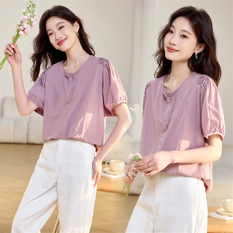 新中式盘扣短袖纯棉衬衣女2025夏季新款休闲宽松显瘦圆领衬衫上衣,女装衬衫,文熹诺
