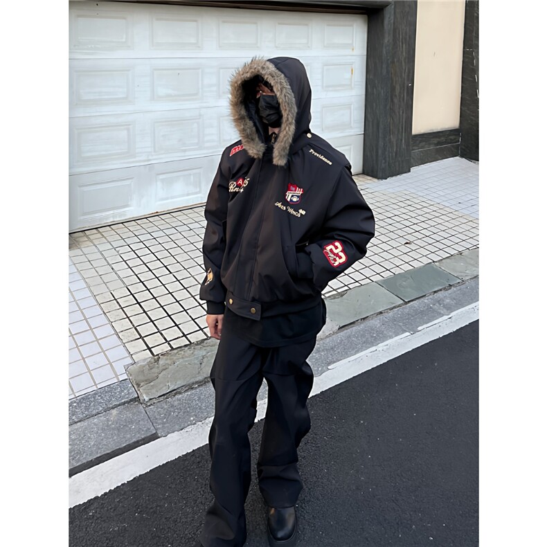 美式复古刺绣徽章座山雕棉衣男款冬季加厚保暖可拆卸毛领连帽棉服,男装棉衣,星座813-2