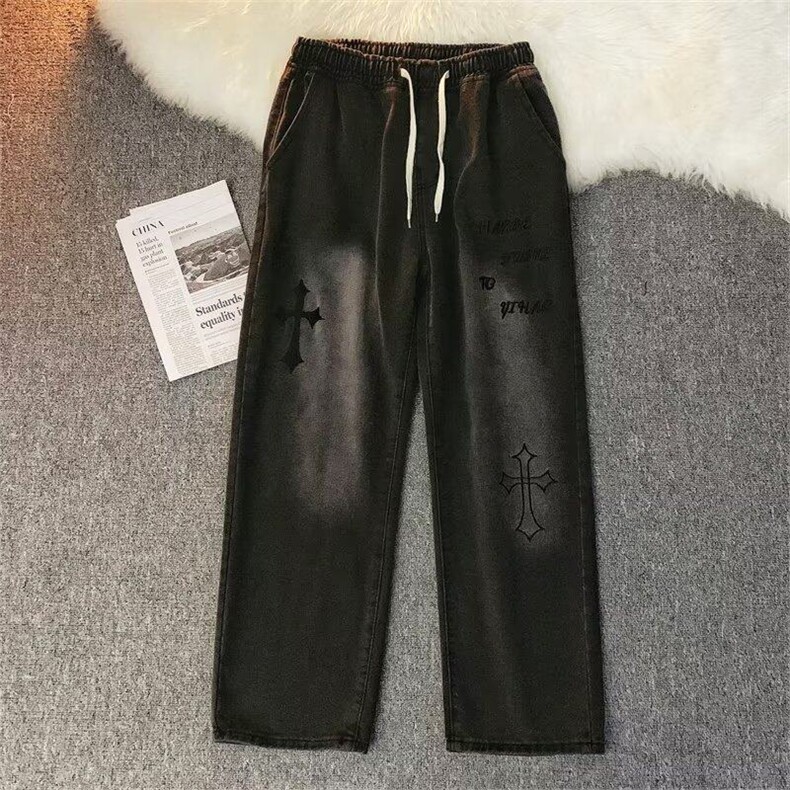 美式复古刺绣设计牛仔裤子男宽松直筒百搭休闲裤男L81266-P45图片