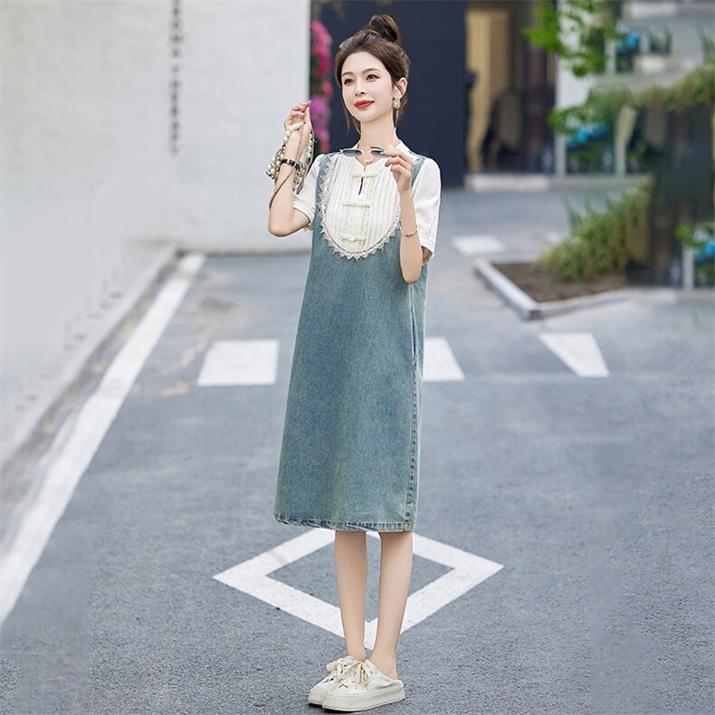 新中式牛仔连衣裙女2025夏季爆款小个子时尚宽松显瘦气质国风裙子,女装连衣裙,琦鑫阁（原依鑫阁）