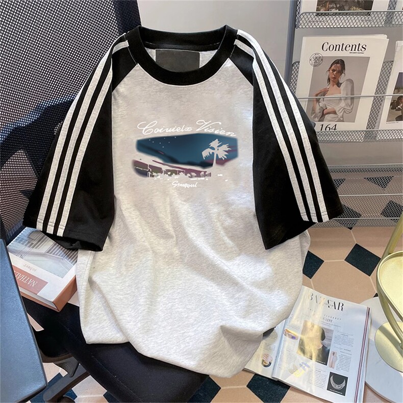夏季美式高街重磅纯棉三条杠织带插肩撞色男女短袖T恤CZ101-特P25,男装T恤,电商A486