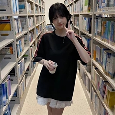 抖音得物品质二开240克宽松纯棉美式潮牌印花三条杠中性风短袖T恤，男装T恤，电商A486-1