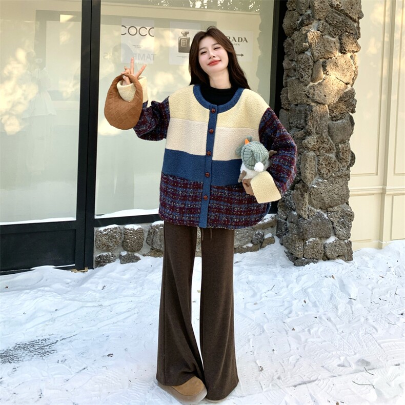 现货！2C056-7091-P195控298（撞色拼接夹棉里布羊羔毛外套）,女装毛呢外套,2C056